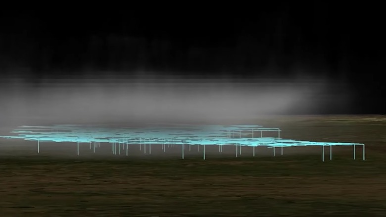 Modèle 3D de mégaflash, nuage pixélisé, chemin de foudre en toile bleue