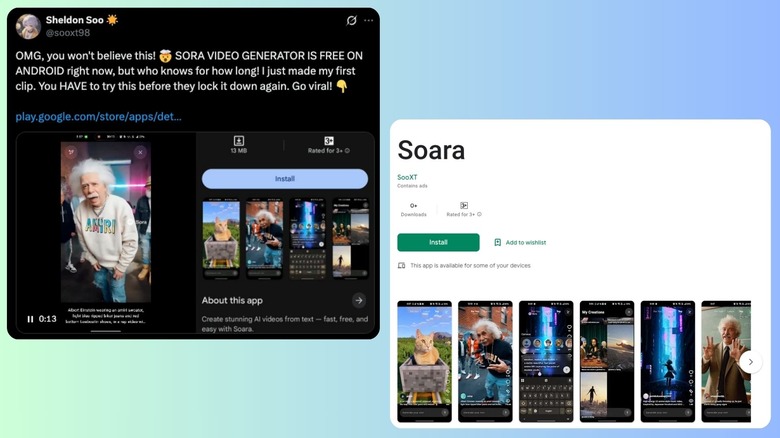 Fausses publications sur les réseaux sociaux de l'application Sora et fausse page Play Store
