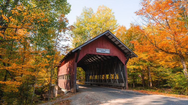 Pont couvert de Brookdale entouré de feuillage d'automne à Stowe, Vermont, en automne