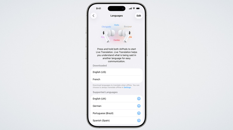 Fonctionnalité de traduction en direct avec AirPods vue sur iPhone