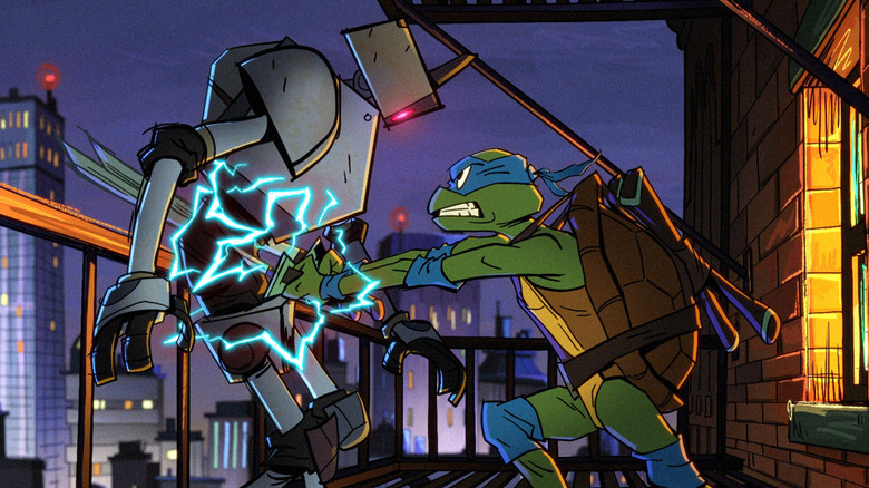 Leonardo poignarde un robot dans le torse dans Tales of the Teenage Mutant Ninja Turtles