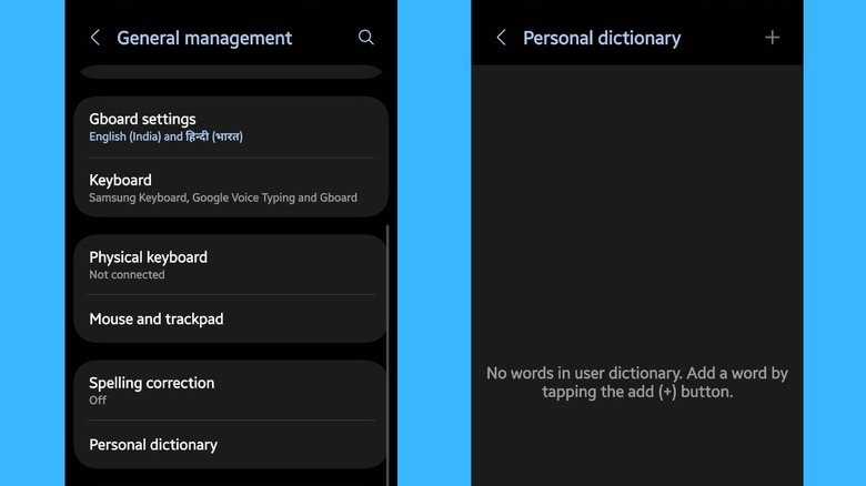 Images montrant les étapes à suivre pour utiliser la fonctionnalité Dictionnaire personnel sur Android