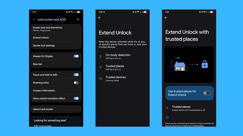 Images montrant les étapes de configuration d’Extend Unlock sur Android