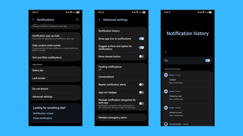 Image montrant les étapes d'activation de la fonctionnalité Historique des notifications sur un téléphone Android
