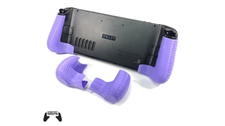 Poignées confort installées sur Steam Deck, fond blanc