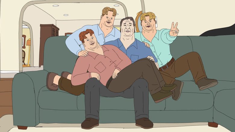 La famille Campbell posant sur le canapé dans HAHA, You Clowns