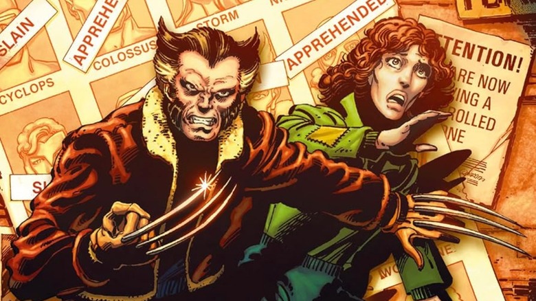 Couverture de romanisation de X-Men Days of Future Past, montrant Wolverine et Kate Pryde posés devant des affiches de recherche pour les X-Men