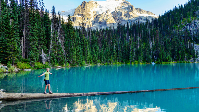 Fille marchant sur un arbre tombé au lac supérieur, parc provincial Joffre Lakes, Canada