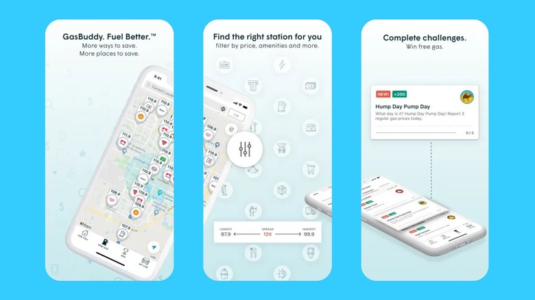Images montrant les fonctionnalités de l'application GasBuddy sur iPhone