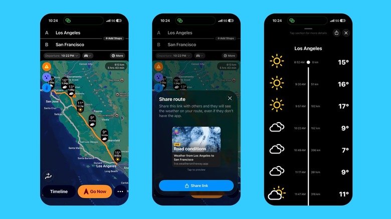 Application Météo en route affichant la température de toutes les villes entre Los Angeles et San Francisco