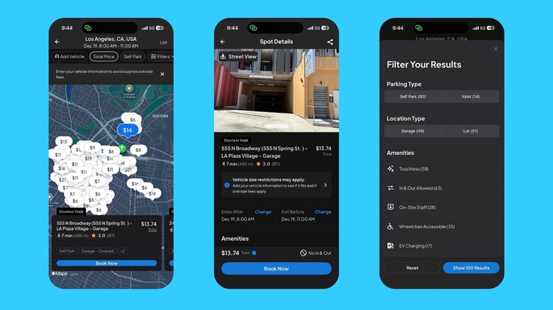 Application SpotHero affichant les emplacements des places de stationnement dans la région de Los Angeles