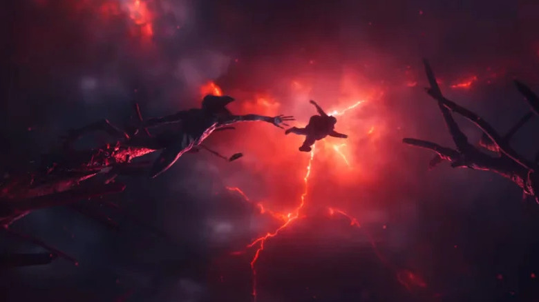 Un démogorgon poursuivant Noah Schnapp dans le rôle de Will Byers dans la cime des arbres dans Stranger Things