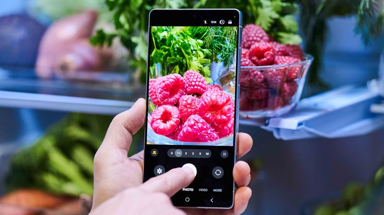 Personne prenant une photo de framboises à l'aide d'un Samsung Galaxy S25 Ultra