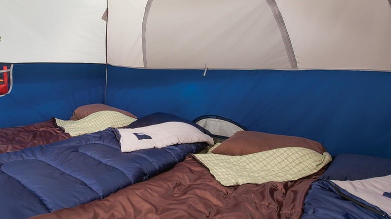 Tente de camping Coleman Sundome avec Rainfly de l'intérieur avec sacs de couchage marron et bleus