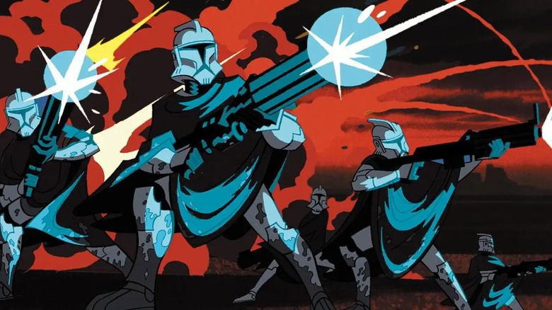 Des soldats clones tirent avec leurs blasters dans Star Wars : Clone Wars