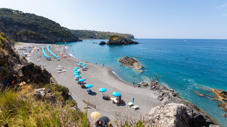 une grande plage avec de l'eau claire et des parasols