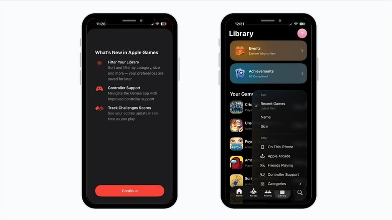 Capture d'écran montrant la nouvelle option Filtrer par taille dans l'application Apple Games sur iPhone