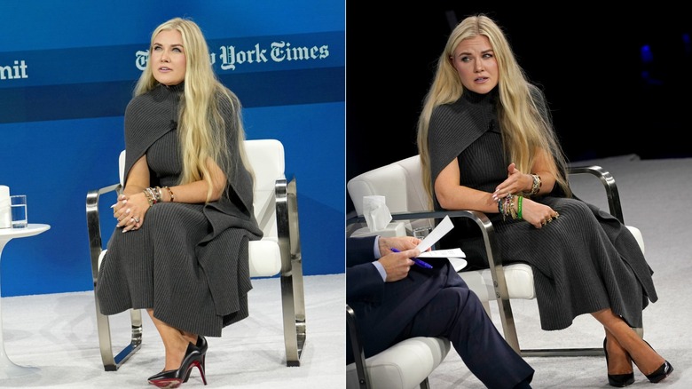 Deux images d'Erika Kirk sur scène dans une robe grise