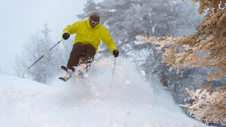 un skieur expert skiant sur de la poudreuse fraîche au Stowe Mountain Resort à Stowe, Vermont