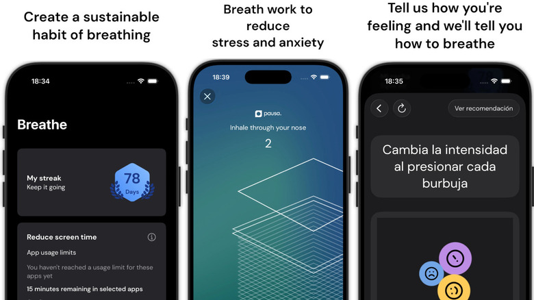 Interface utilisateur de l'application Pausa