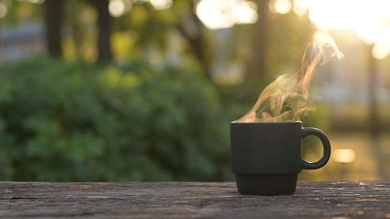 Une tasse fumante posée sur une bûche avec un lever de soleil en arrière-plan.