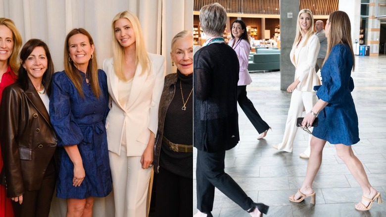 Photos côte à côte de Sarah Huckabee Sanders dans une robe bleue jusqu'aux genoux et son look complet montrant ses sandales nues à deux brides