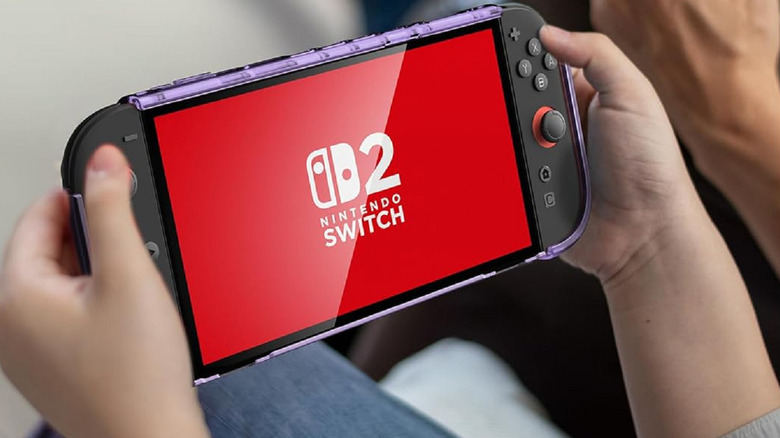 Quelqu'un qui joue à l'aide d'un étui violet Dockable Switch 2 de Mumba.