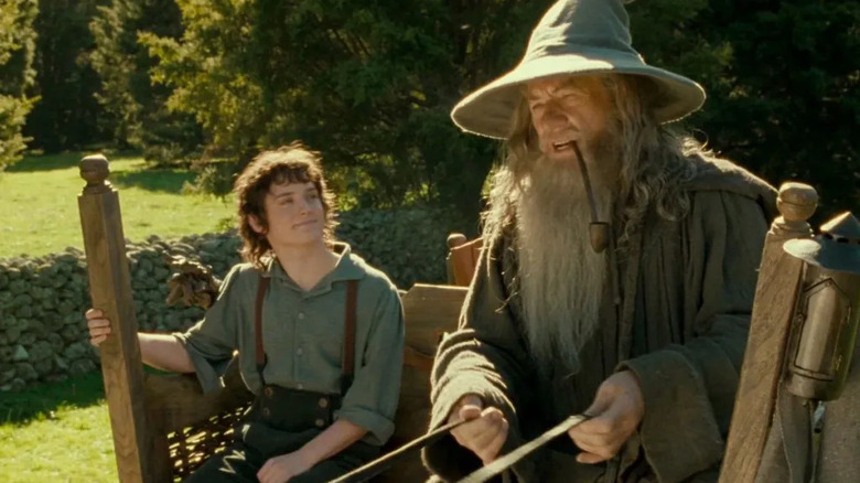 Frodon et Gandalf chevauchant ensemble dans une charrette à cheval dans Le Seigneur des Anneaux : La Communauté de l'Anneau