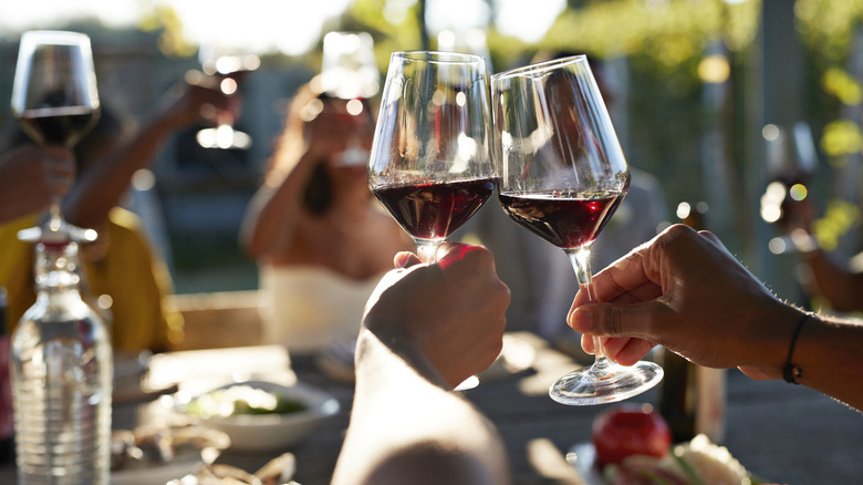 Amis trinquant leurs verres de vin ensemble pour célébrer