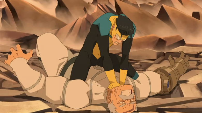 Mark étranglant Conquest à mort dans Invincible