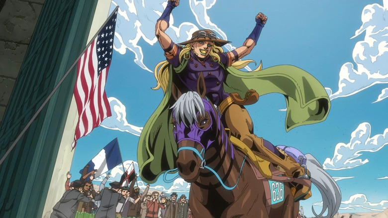 Gyro Zeppeli montant à cheval et faisant la fête dans Steel Ball Run : JoJo's Bizarre Adventure