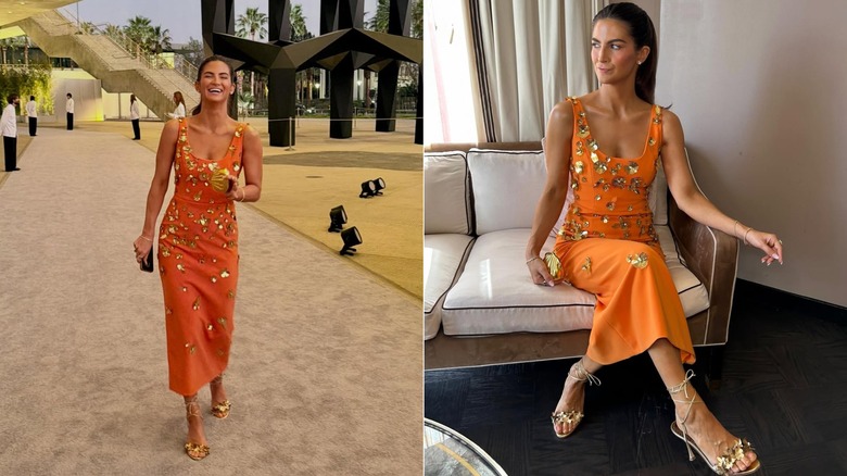 Photos côte à côte de Kaitlan Collins dans une robe orange