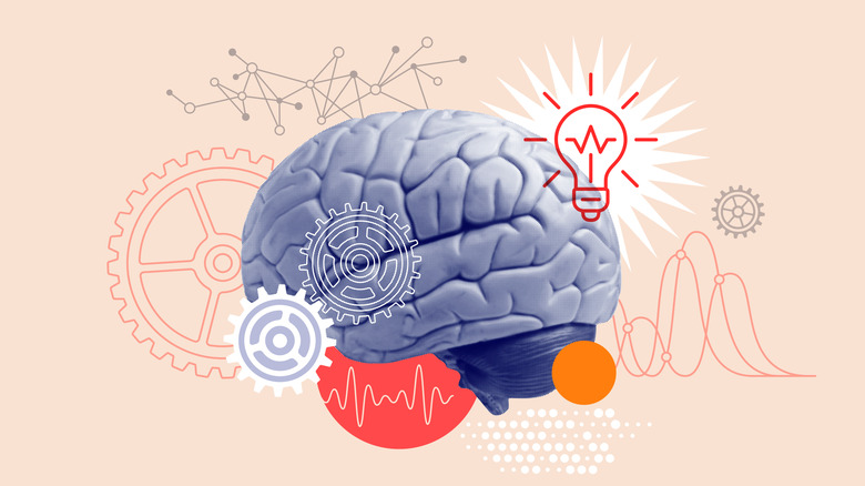 Un collage représentant un cerveau, un rouage et une ampoule.
