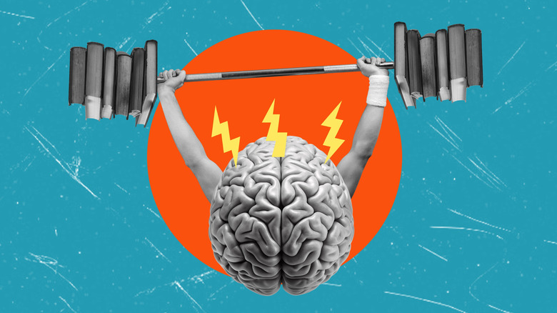 Un collage représentant un cerveau soulevant des poids.