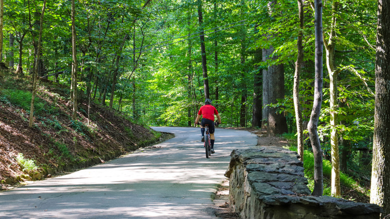un homme en chemise rouge faisant du vélo le long du sentier de Lullwater Preserve, Atlanta