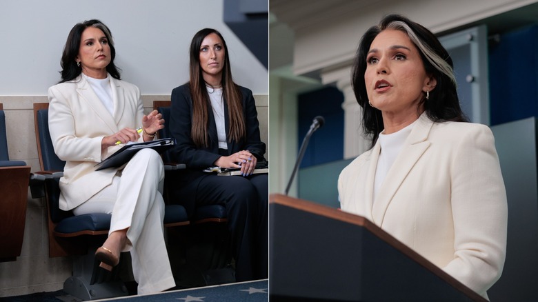 Photos côte à côte de Tulsi Gabbardbin dans la salle de conférence de presse Brady à la Maison Blanche le 23 juillet 2025 à Washington, DC