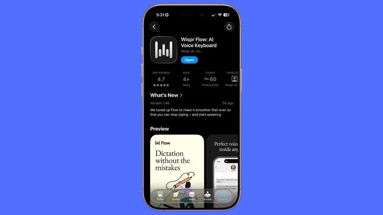 Application Wispr Flow sur iPhone.