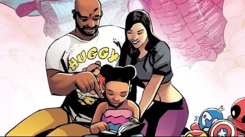 Bande dessinée Marvel montrant Luke Cage et Jessica Jones avec leur fille, Danielle Cage
