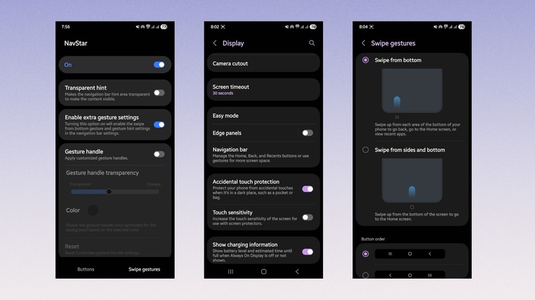 Captures d'écran montrant le NavStar et le menu Affichage sur un téléphone Samsung.