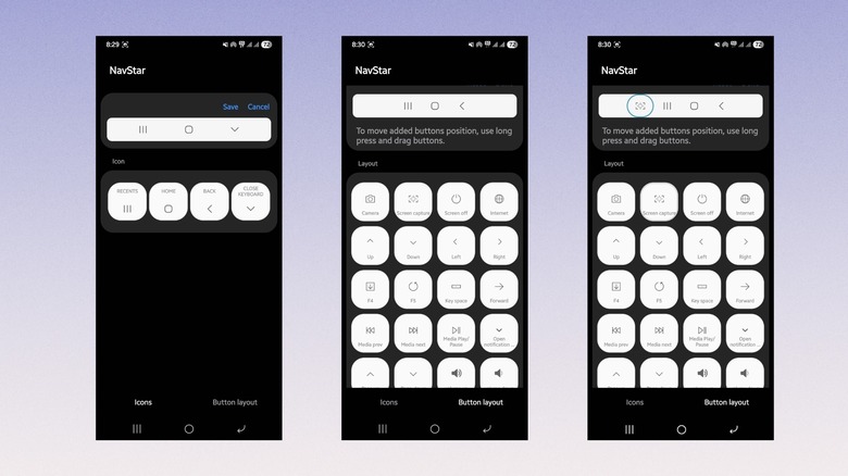 Captures d'écran montrant les menus NavStar sur un téléphone Samsung Galaxy.
