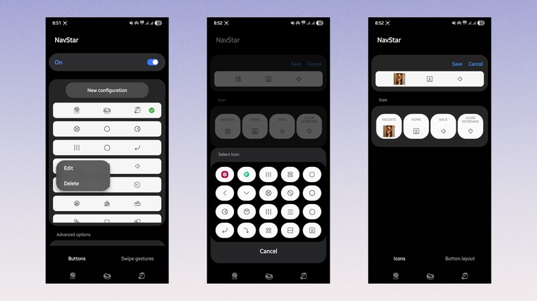 Captures d'écran montrant comment configurer les boutons du menu NavStar sur les téléphones Samsung.