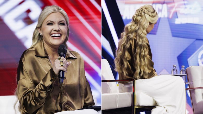 Deux photos d'Erika Kirk sur scène dans une chemise marron satinée avec de longs cheveux blonds