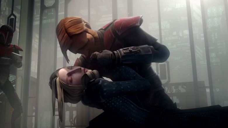 Obi-Wan Kenobi berçant la duchesse Satine mourante dans Star Wars : The Clone Wars