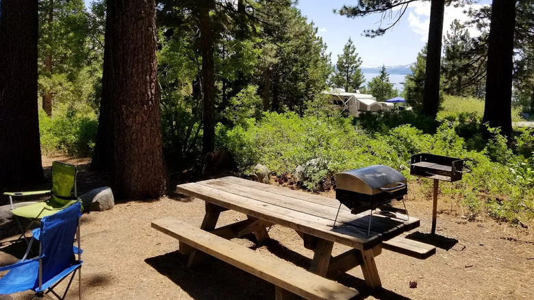 Une table de pique-nique et un camping dans la zone de loisirs de l'État de Tahoe.