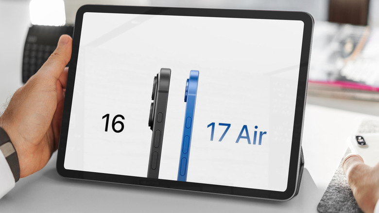 un homme sans visage compare l'iphone 16 à un iphone 17 air sur une tablette