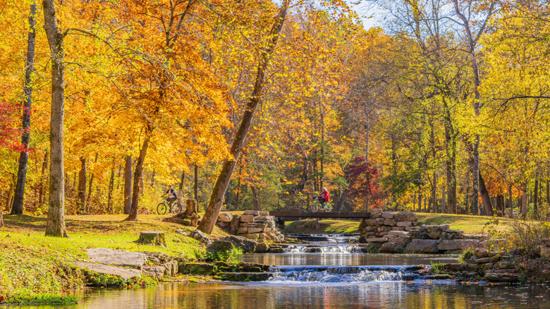 Les gens font du vélo sur un pont le long d'un sentier au-dessus d'une petite cascade dans le parc naturel de Dogwood Canyon dans le Missouri