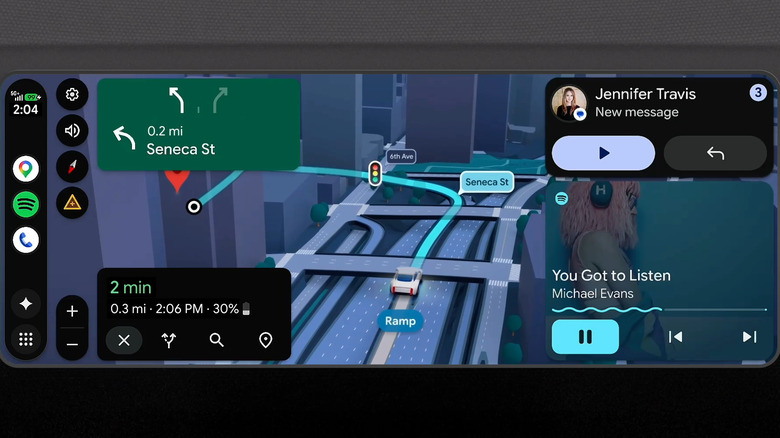 Nouvel affichage Android Auto affichant la navigation, les messages et la musique.