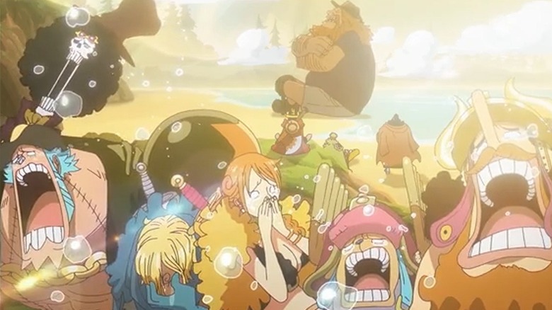 Les Chapeaux de Paille braillent alors que Nico Robin serre Jaguar D. Saul dans ses bras dans One Piece