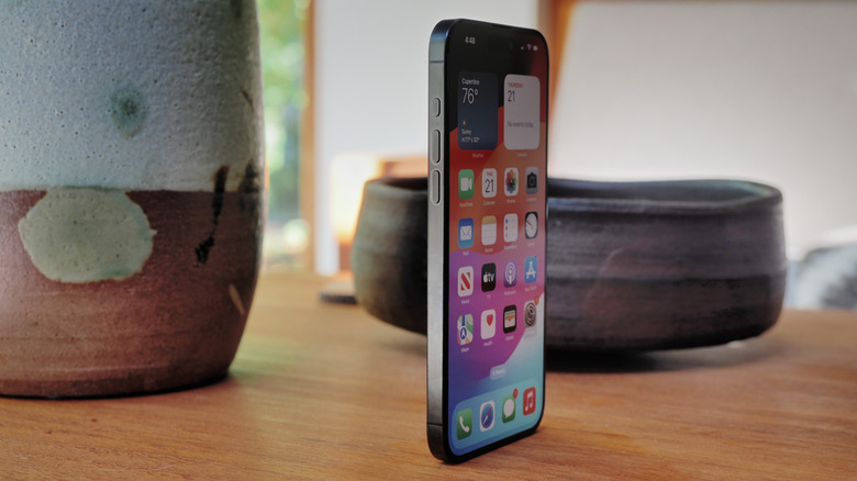 iPhone 15 Pro Max posé verticalement sur une table avec de la poterie en arrière-plan