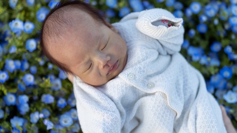 Une photo d'un bébé dans un champ de fleurs.